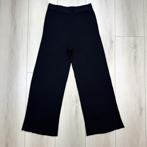 Flawed The Drop Women's Black Ribbed Knit Wide Leg Pants Sz M High Rise Lounge - Picture 1 of 7